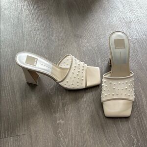 Dolce Vita Cream Heeled Mules with Mesh and Pearls